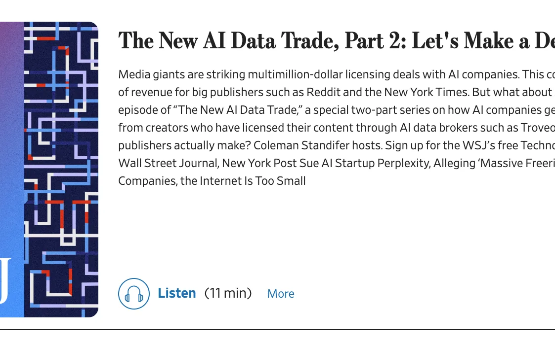 The Wall Street Journal Tech News Briefing episode page: The New AI Data Trade, Part 2: Let's Make a Deal